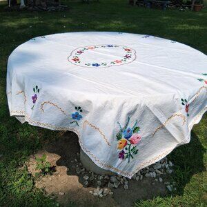 Rectangular Tablecloth White with Embroidered flowers 51"x48" Cottage Grandma